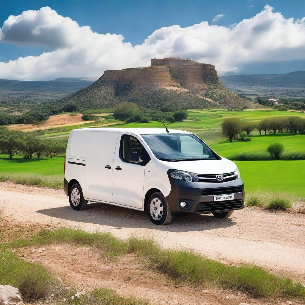 A white Toyota Proace cargo van parked in a scenic countryside setting in Valencia, Spain