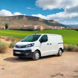 A white Toyota Proace cargo van parked in a scenic countryside setting in Valencia, Spain