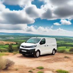 A white Toyota Proace cargo van parked in a scenic countryside setting in Valencia, Spain