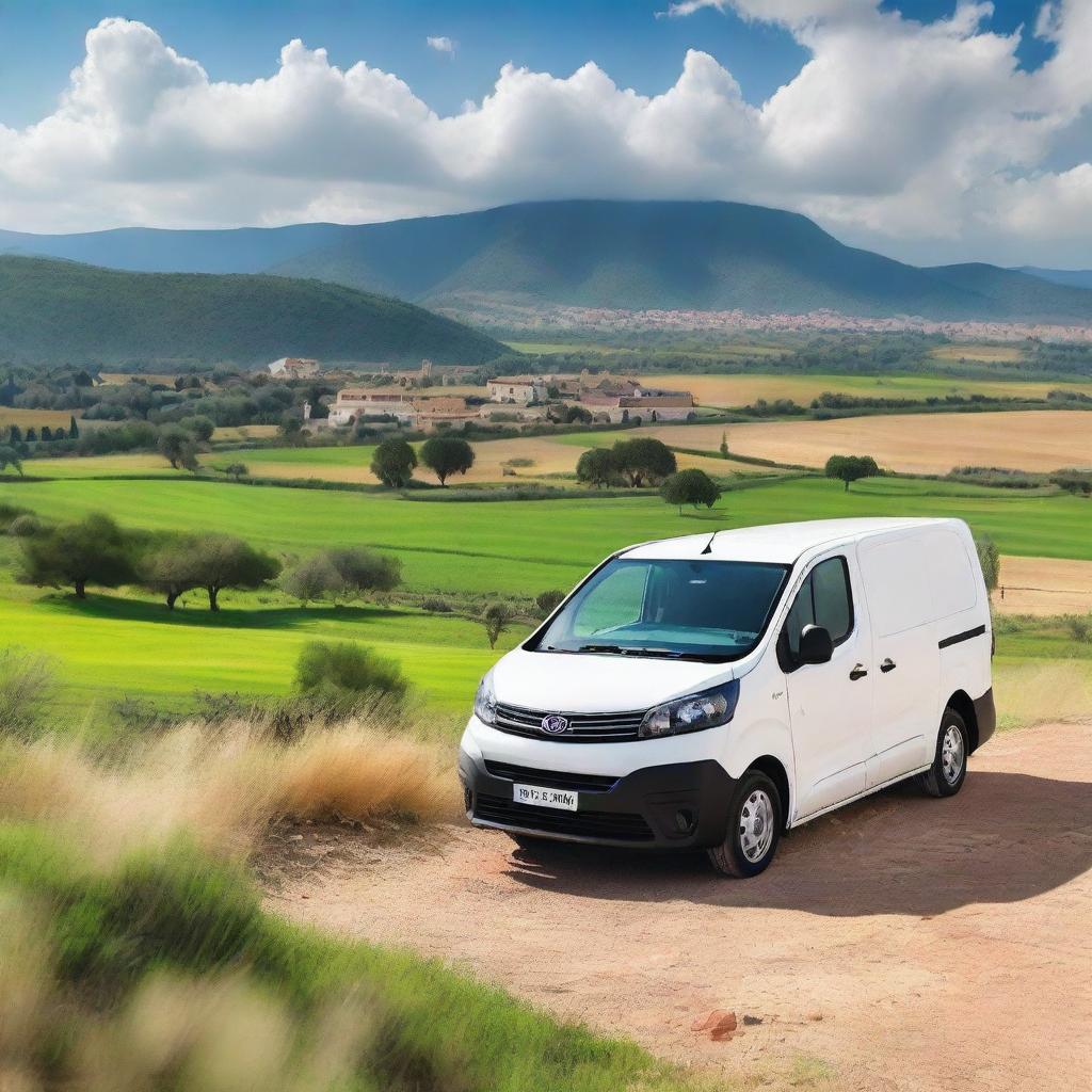 A white Toyota Proace cargo van parked in a scenic countryside setting in Valencia, Spain