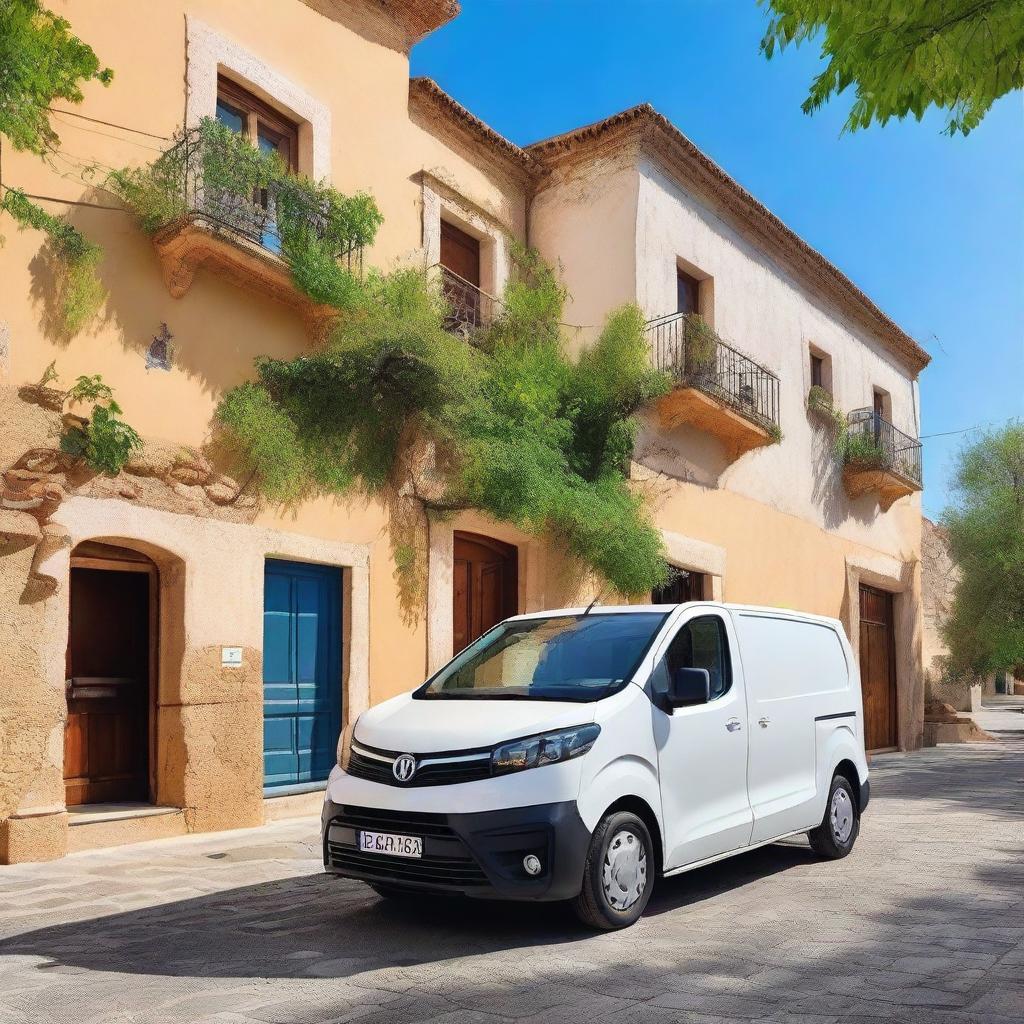 A white Toyota Proace cargo van parked in a picturesque Valencian countryside town