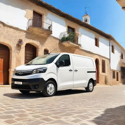 A white Toyota Proace cargo van parked in a picturesque Valencian countryside town