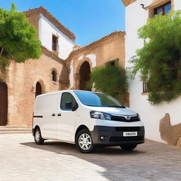 A white Toyota Proace cargo van parked in a picturesque Valencian countryside town