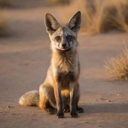 A bat-eared fox therian, with striking golden eyes and a lively posture. It's bathing in the soft glow of the setting sun, surrounded by the lively terrain of an African savanna.