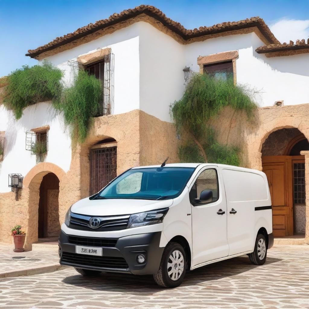 A white Toyota Proace cargo van parked in a picturesque Valencian countryside town