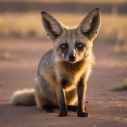 A bat-eared fox therian, with striking golden eyes and a lively posture. It's bathing in the soft glow of the setting sun, surrounded by the lively terrain of an African savanna.