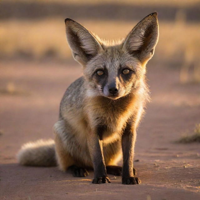 A bat-eared fox therian, with striking golden eyes and a lively posture. It's bathing in the soft glow of the setting sun, surrounded by the lively terrain of an African savanna.