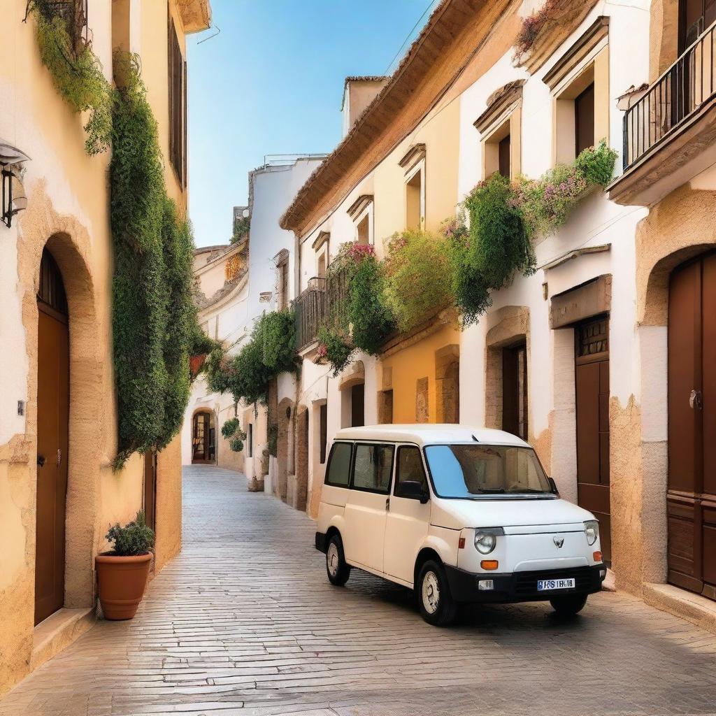 A picturesque countryside city in Valencia, Spain, featuring a white Citroen Jumper cargo van parked on a narrow, cobblestone street lined with traditional Spanish buildings and vibrant greenery