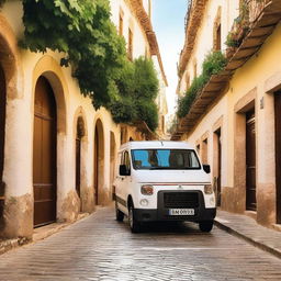 A picturesque countryside city in Valencia, Spain, featuring a white Citroen Jumper cargo van parked on a narrow, cobblestone street lined with traditional Spanish buildings and vibrant greenery