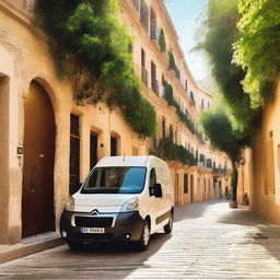 A picturesque countryside city in Valencia, Spain, featuring a white Citroen Jumper cargo van parked on a narrow, cobblestone street lined with traditional Spanish buildings and vibrant greenery