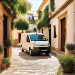 A picturesque countryside city in Valencia, Spain, featuring a white Citroen Jumper cargo van parked on a narrow, cobblestone street lined with traditional Spanish buildings and vibrant greenery