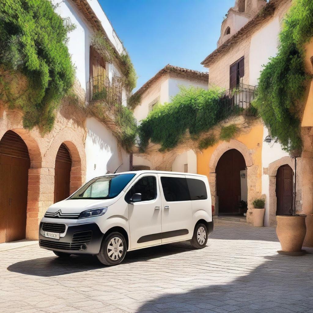 A scenic countryside city in Valencia featuring a white Citroen Jumper BlueHDi cargo van