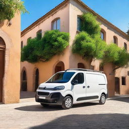 A scenic countryside city in Valencia featuring a white Citroen Jumper BlueHDi cargo van