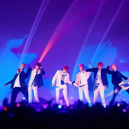 The BTS group, South Korean boy band, presenting a dynamic stage performance with light, color, and energy.