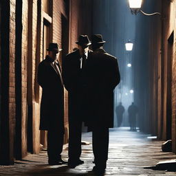 An intriguing true crime scene featuring detectives investigating a mysterious murder in a dimly lit alleyway