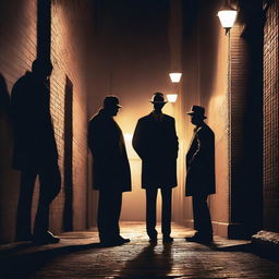 An intriguing true crime scene featuring detectives investigating a mysterious murder in a dimly lit alleyway