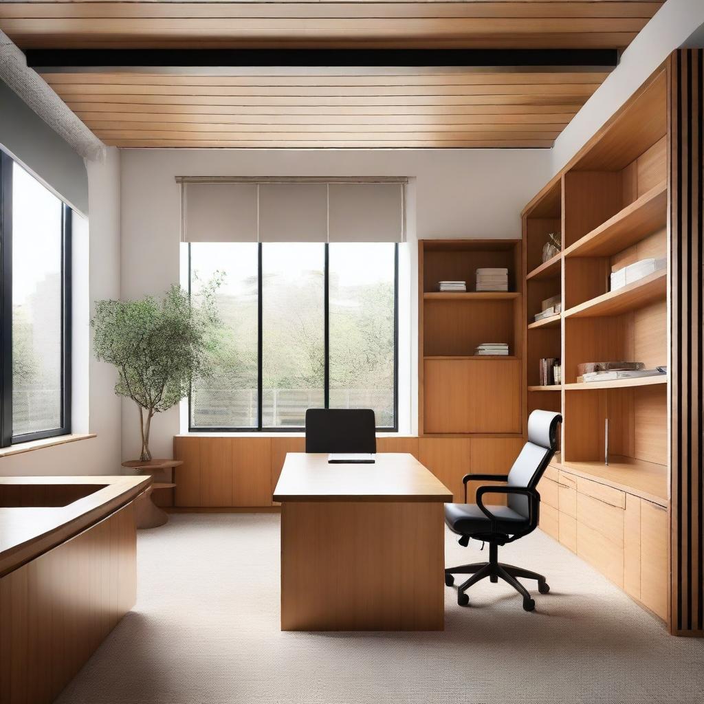 A modern wood office with sleek, minimalist furniture