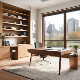 A modern wood office with sleek, minimalist furniture