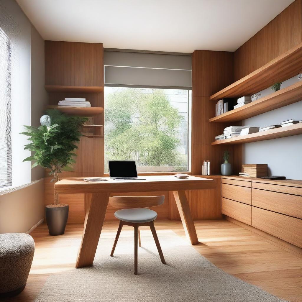 A modern wood office with sleek, minimalist furniture