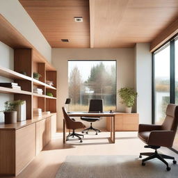 A modern wood office with sleek, minimalist furniture