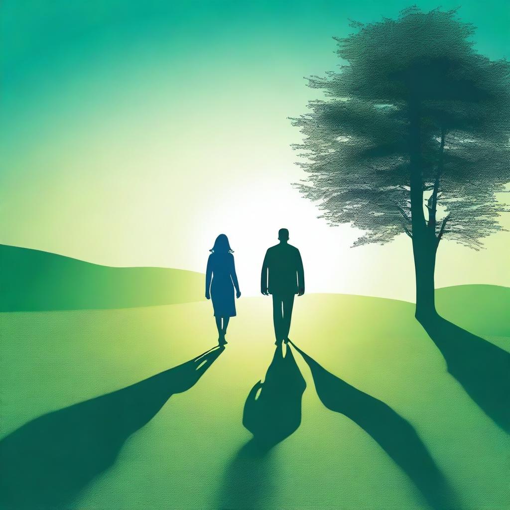 A blue silhouette of a man and woman walking on a green lawn towards a light source