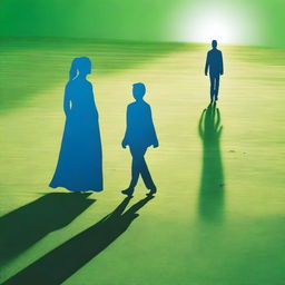 A blue silhouette of a man and woman walking on a green lawn towards a light source