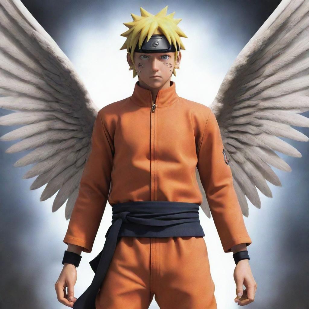 Naruto Uzumaki, the iconic ninja, with celestial angel wings unfurled from his back, standing with a determined look.