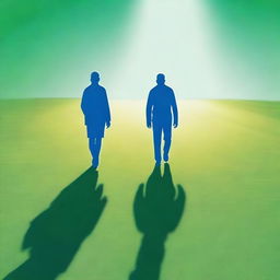 A blue silhouette of a man and woman walking on a green lawn towards a light source