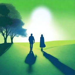 A blue silhouette of a man and woman walking on a green lawn towards a light source