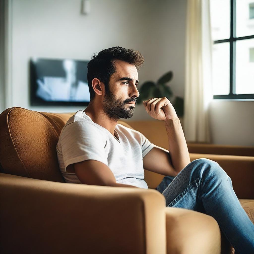 Un chico sentado en un sofá viendo una película en el televisor