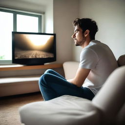 Un chico sentado en un sofá viendo una película en el televisor