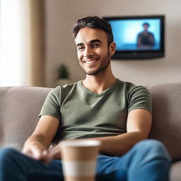 Un chico sentado en un sofá viendo una película en el televisor