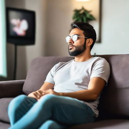 Un chico sentado en un sofá viendo una película en el televisor