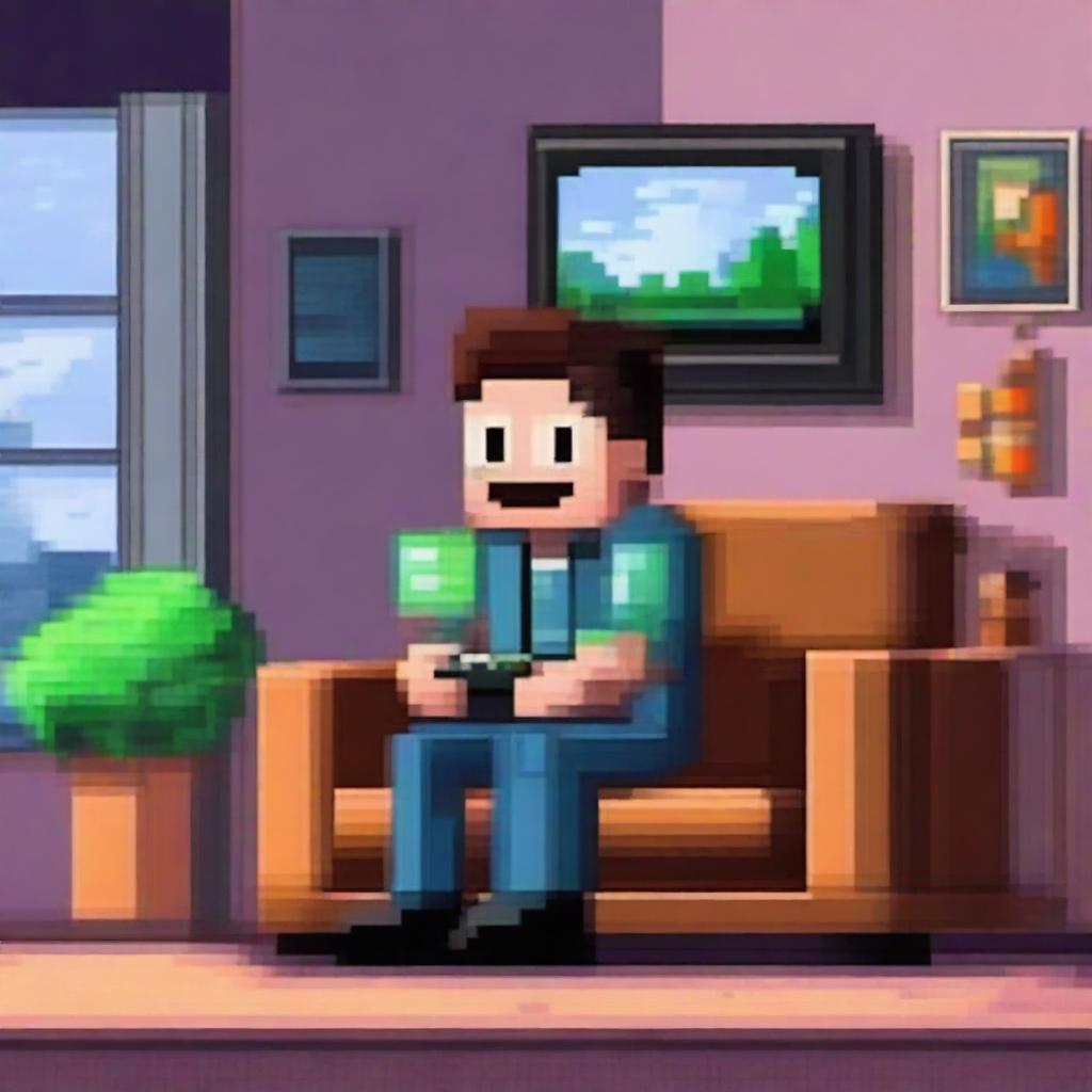 Un chico sentado en un sofá viendo una película en el televisor en estilo pixel art