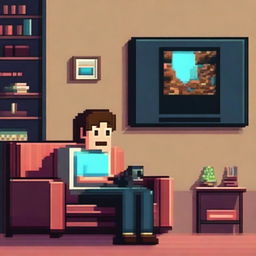 Un chico sentado en un sofá viendo una película en el televisor en estilo pixel art