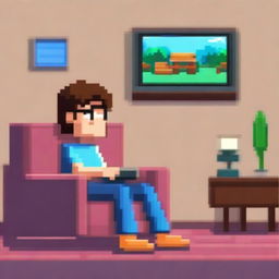 Un chico sentado en un sofá viendo una película en el televisor en estilo pixel art