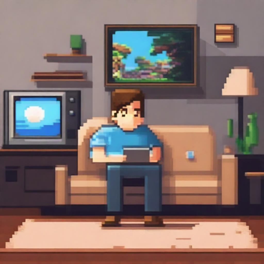 Un chico sentado en un sofá viendo una película en el televisor en estilo pixel art