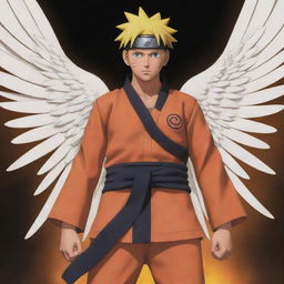 Naruto Uzumaki, the iconic ninja, with celestial angel wings unfurled from his back, standing with a determined look.