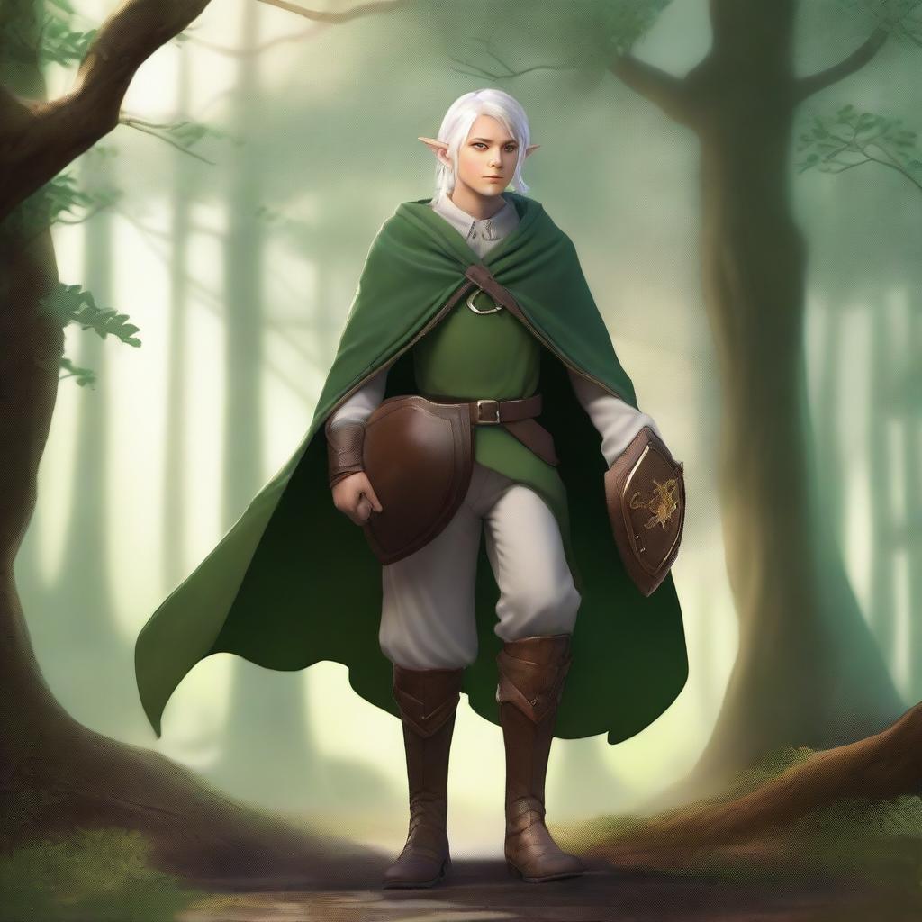 An elf with copper skin and white hair, dressed in a green cloak, shirt, pants, and boots, carrying a backpack with a shield hanging from it