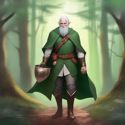 An elf with copper skin and white hair, dressed in a green cloak, shirt, pants, and boots, carrying a backpack with a shield hanging from it