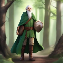 An elf with copper skin and white hair, dressed in a green cloak, shirt, pants, and boots, carrying a backpack with a shield hanging from it