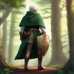 An elf with copper skin and white hair, dressed in a green cloak, shirt, pants, and boots, carrying a backpack with a shield hanging from it