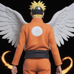 Naruto Uzumaki, the iconic ninja, with celestial angel wings unfurled from his back, standing with a determined look.