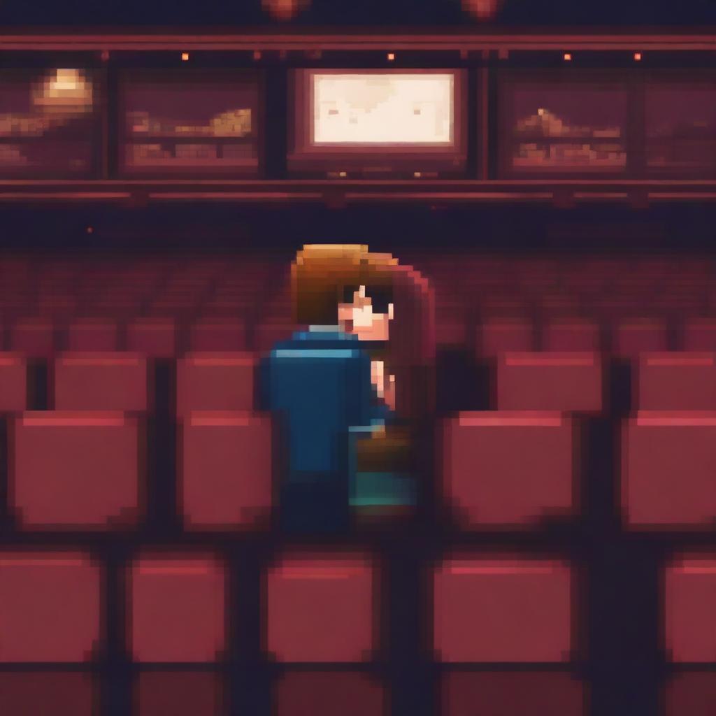 In a movie theater screen, two people are kissing in pixel art style