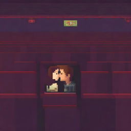 In a movie theater screen, two people are kissing in pixel art style