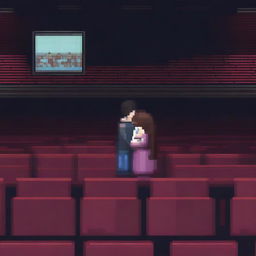 In a movie theater screen, two people are kissing in pixel art style