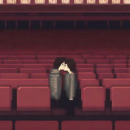 In a movie theater screen, two people are kissing in pixel art style