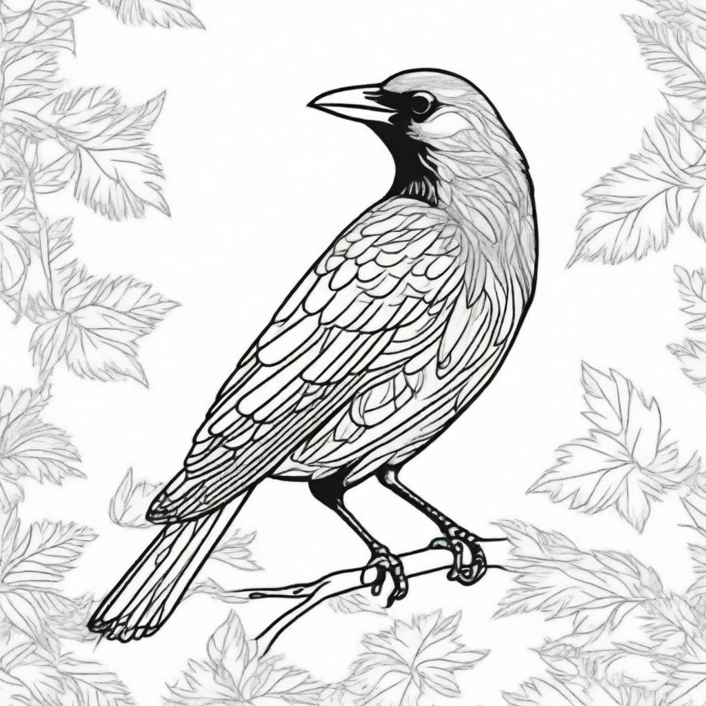 Create a detailed black line art drawing of a crow suitable for a colouring book page