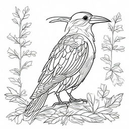 Create a detailed black line art drawing of a crow suitable for a colouring book page