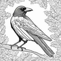 Create a detailed black line art drawing of a crow suitable for a colouring book page